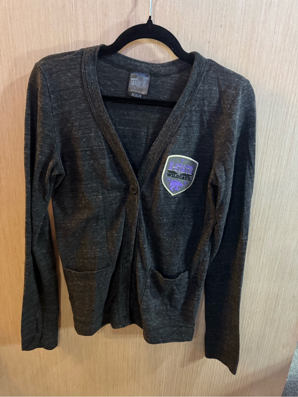 Women’s My U Kansas State Charcoal Button Cardigan with Wildcats Patch Medium